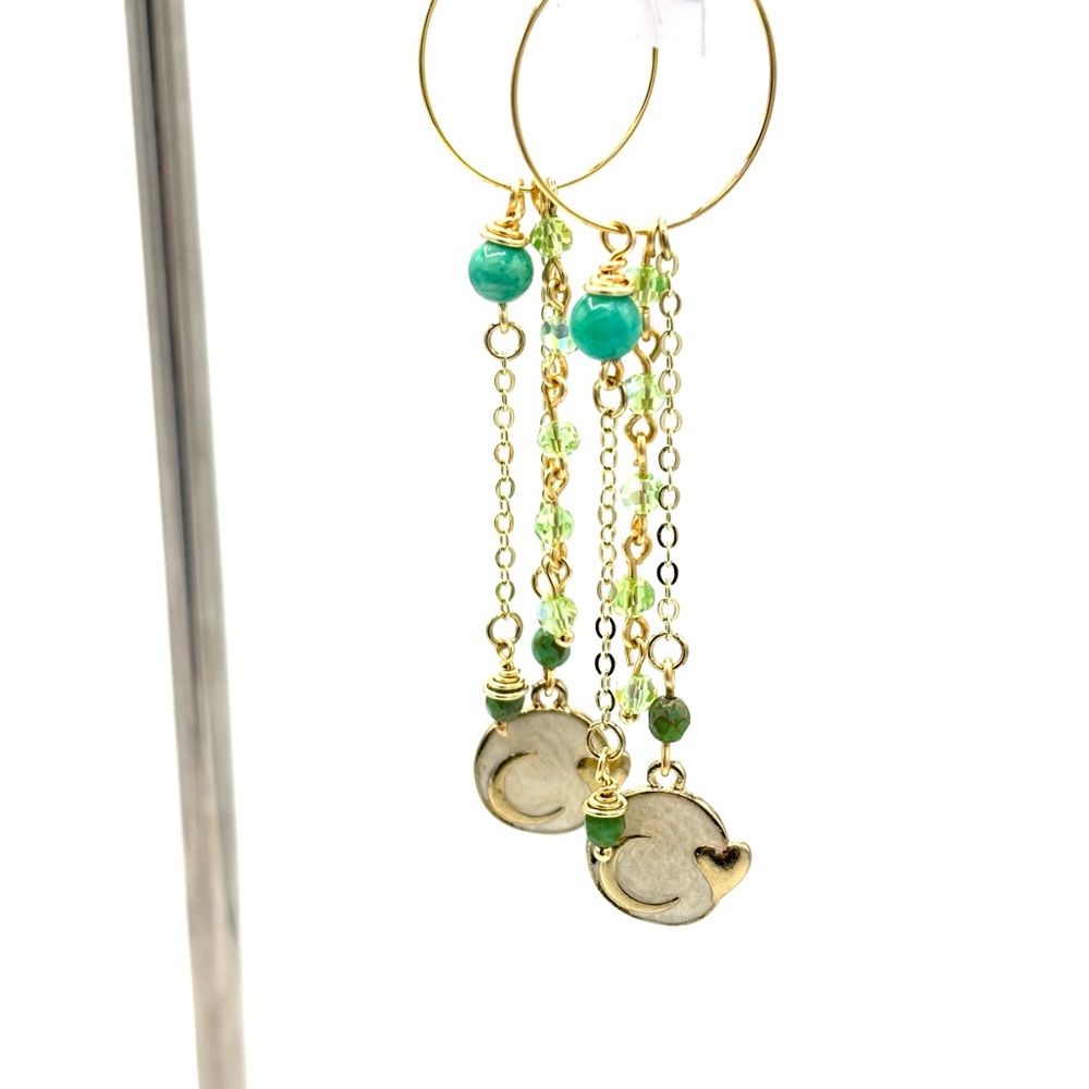 Hand Crafted Gold Hoop Earrings with Green and Gold Accents - Picture 7 of 7